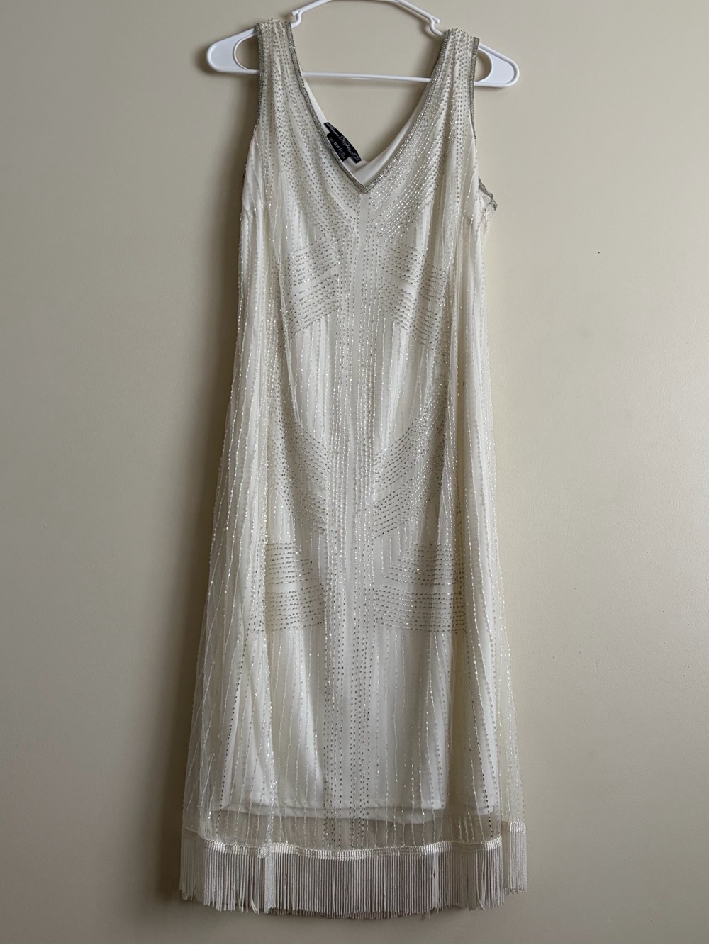 Art Deco Ivory Beaded Mini Cocktail Dress with Silver accents and a Fringe Hem